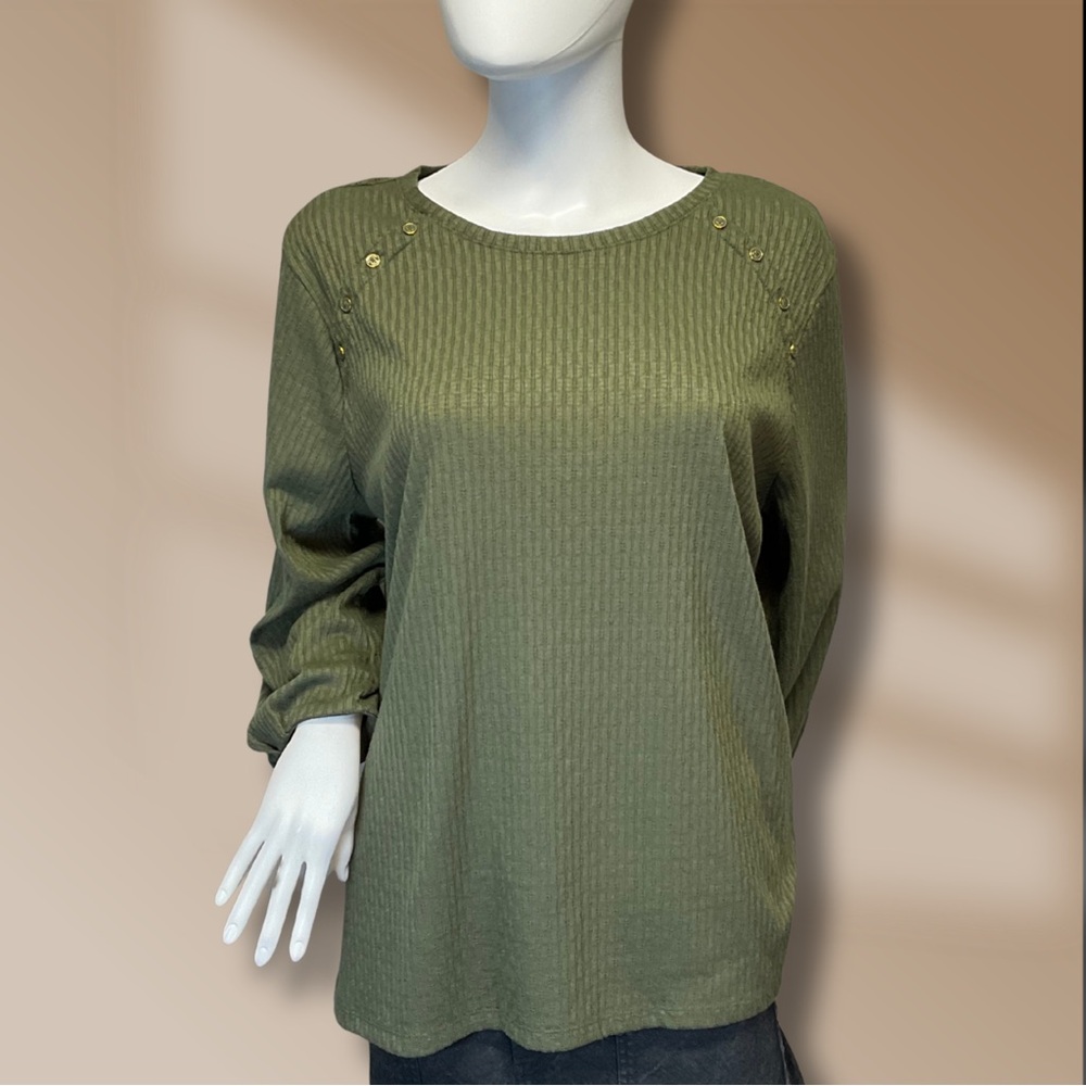 Liz Claiborne Womens Size XL Olive Green Sweater 3/4 Sleeves and Button Accents